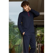 Kly %100 Pamuk Uzun Kollu Ekstra Battal Beden Erkek Pijama Takım Lacivert Konforlu Tasarım