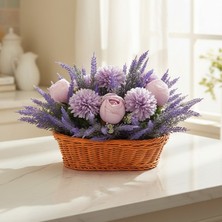 Neşeli Çiçekler Lavanta Sepeti Yapay Çiçekler 30X20 cm Özel Tasarım Hasır Sepette Ev Süsleri Masa Mutfak Dekorasyonu