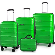 Polo&sky Azra Model Neon Yeşili Pp Kırılmaz 4'lü Kabin Boy + Orta Boy + Büyük Boy Makyaj Valiz Seti