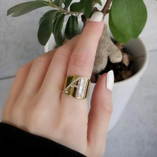 Necati Gün A Harfi Baget Taşlı Gold  Kaplama Gümüş Yüzük