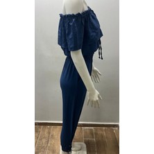 Aslami Tekstil Lacivert Kadın Kapalı Omuz Bağcıklı Fırfırlı Crop Bluz Şalvar Ikili Takım - %95 Pamuk Günlük Set