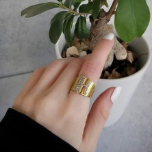 Necati Gün H Harfi Baget Taşlı Gold Kaplama Gümüş Yüzük