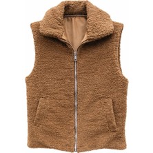 Vieso Kadın Peluş Yelek Dik Yaka Fermuarlı Cepli Astarlı Peluş Yelek