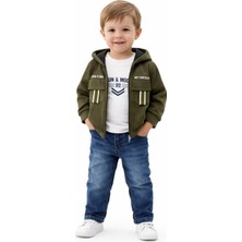 Bubiee Baby Erkek Çocuk 3'lü Takım -Haki Kapüşonlu Süet Ceket ,uzun Kolu Sweatshirt ve Jean Pantolon Kombin