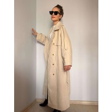 Krem Kol Detaylı Premium Kaşe Kaban