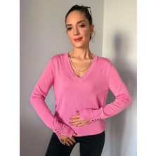 Pembe V Yaka Kol Detaylı Triko