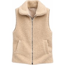 Vieso Kadın Peluş Yelek Dik Yaka Fermuarlı Cepli Astarlı Peluş Yelek