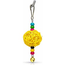 Papağanhane Muhabbet Kuşu Oyuncağı Çanlı Boncuklu Sarı Hasır Top Kafes Askı Oyuncağı 14 cm