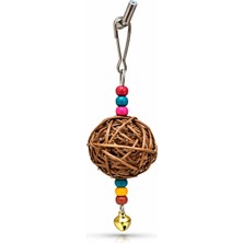 Papağanhane Muhabbet Kuşu Oyuncağı Çanlı Boncuklu Kahverengi Hasır Top Kafes Askı Oyuncağı 14 cm