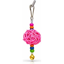 Papağanhane Muhabbet Kuşu Oyuncağı Çanlı Boncuklu Pembe Hasır Top Kafes Askı Oyuncağı 14 cm