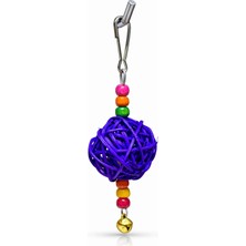 Papağanhane Muhabbet Kuşu Oyuncağı Çanlı Boncuklu Mor Hasır Top Kafes Askı Oyuncağı 14 cm