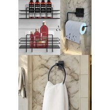 Ahlat Store Siyah 4'lü Banyo Seti 2li Duş Rafı, Yuvarlak Havluluk, Wc Kağıtlık