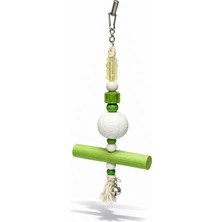 Papağanhane Muhabbet Kuşu Papağan Oyuncağı Yeşil Beyaz Ahşap Tünek Zilli Doğal Boncuk 25CM