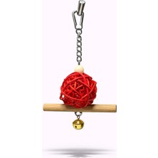 Papağanhane Kırmızı Hasır Toplu Muhabbet Kuşu Oyuncağı Tünekli Zilli Metal Askılı Doğal Ahşap