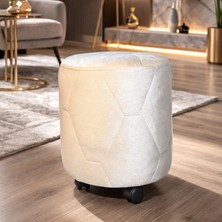 Ratemo Mobilya Krem Luna Kumaş Tekerlekli Puf Tabure - 5 Tekerlekli Makyaj Koltuğu - Sağlam Kasalı Oturak