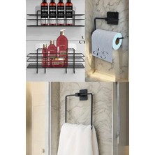 Ahlat Store Siyah 4'lü Banyo Seti 2li Duş Rafı, Kare Havluluk, Wc Kağıtlık