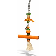 Papağanhane Turuncu Yunus Figürlü Doğal Ahşap Kuş Oyuncağı Zilli Tünek Muhabbet Forpus Sultan Papağan