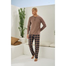 Kly %100 Pamuk Erkek Midi Yaka Uzun Kollu Pijama Takımı Şık Tasarım