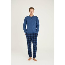Kly %100 Pamuk Erkek Midi Yaka Uzun Kollu Pijama Takımı Şık Tasarım