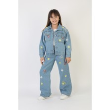 Moonch Kız Çocuk Çiçek Nakışlı Kot Takım – %100 Pamuk Denim Ceket ve Pantolon – Günlük Rahat Jean Kombin
