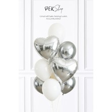 Pekshop Gümüş Beyaz Balon Demeti Gümüş Kalp Folyo Balonlu Balon Seti SET252