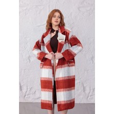 Özlem Yıldız Turuncu Beyaz Büyük Ekose Desenli Oversize Yünlü Kaban - Geniş Yakalı Uzun Kışlık Palto Serisi 42