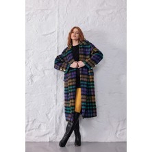 Özlem Yıldız Çok Renkli Ekose Desenli Buklet Kaban - Geniş Yakalı Oversize Uzun Palto 40