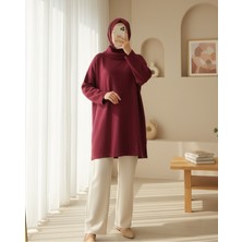 Moda Morfo Balıkçı Yaka Yırtmaçlı Selanik Tunik  -Bordo