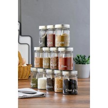 12'li 350 ml Metal Kapaklı Baharat Saklama Kabı Cam Kavanoz(Plastik Kaşık/ Etiket Dahil)