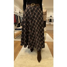 PNR Woman Uzun Ekose Desenli Kahve-Siyah Etek Kemerli