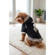 Kemique Siyah Leopar Desenli Kapüşonlu Köpek Elbisesi | Polar Kumaş | 5,5 - 7 kg
