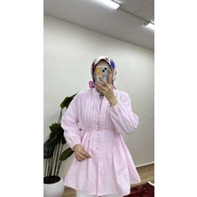Moonsc Kadın Rahat Kalıp Nervürlü Pembe Standart Keten Beden Tesettür Gömlek
