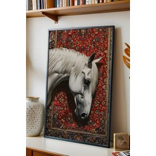 E2 Nova Beyaz At ve Geleneksel Kilim Desenli Çerçeveli Tablo - Ramazan Özel Seri Etnik Duvar Dekoru