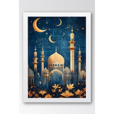E2 Nova Altın Renkli Gece Camisi ve Çoklu Hilal Çerçeveli Tablo - Çocuk Odası Sanatsal Ramazan Duvar Dekoru