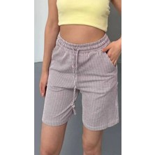 Thiff Gymwear Yandan Cepli Beli Bağcıklı Su Yolu Kadın Çizgili Şort