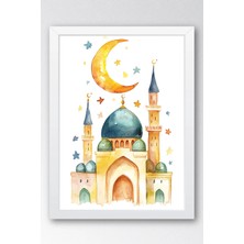 E2 Nova Renkli Sulu Boya Cami ve Hilal Çerçeveli Tablo - Çocuk Odası Ramazan Hediyesi Eğitici Duvar Dekoru