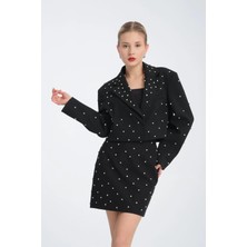 Özlem Yıldız Çakmalı Taş Detaylı Siyah Kısa Blazer Ceket-Özel Davet Taş Işlemeli Siyah Kadın Ceket 38