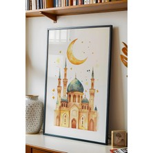 E2 Nova Pastel Sulu Boya Cami ve Hilal Çerçeveli Tablo - Çocuk Odası Ramazan Hediyesi Eğitici Duvar Sanatı