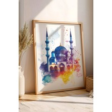 E2 Nova Renkli Sulu Boya Istanbul Cami Çerçeveli Tablo - Çocuk Odası Ramazan Hediyesi Sanatsal Duvar Dekoru
