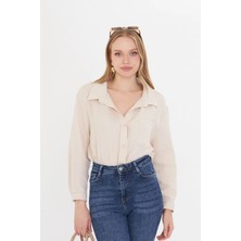Thiff Gymwear Kadın Bej Oversize Basic Cepli Müslin Gömlek