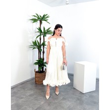 Mialora Kruvaze Yaka Omuz Boncuk Detaylı Püsküllü Maxi Kadın Elbise