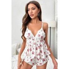 Homay  2’li Çiçek Desenli Dantel Detaylı Volanlı Şortlu Pijama Takımı