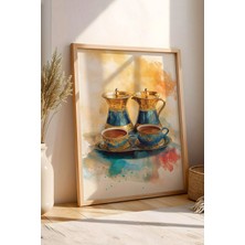 E2 Nova Çay Ocağı ve Kafe Için Otantik Ince Belli Çay ve Ibrik Tablo - Nostaljik Yağlı Boya Görünümlü Dekor
