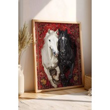 E2 Nova Siyah Beyaz At ve Kilim Desenli Çerçeveli Tablo - Ramazan Özel Seri Geleneksel Duvar Dekoru