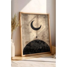 E2 Nova Modern Minimalist Hilal ve Yıldız Çerçeveli Tablo - Ramazan Özel Seri Eskitme Dokulu Duvar Dekoru