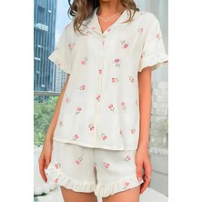 Homay 2’li Çiçek Desenli Düğmeli Viskon Likralı Şortlu Pijama Takımı