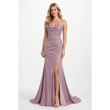 Simli Askılı Yırtmaçlı Uzun Abiye