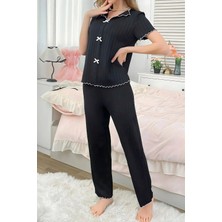 Homay 2’li Dalgalı Kontrast Biyeli Fiyonk Detaylı Pamuklu Pijama Takımı