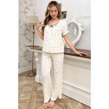 Homay 2’li Çiçek Desenli Volanlı Kare Yaka Kısa Kollu Likralı Pijama Takımı