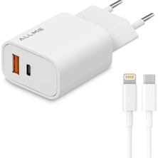 Allme SS2018TLB Usb-A+Usb-C Dual Port 20W Pd 18W Qc Adaptör + 3A Type-C To Lightning Kablolu Hızlı Şarj Seti Beyaz
